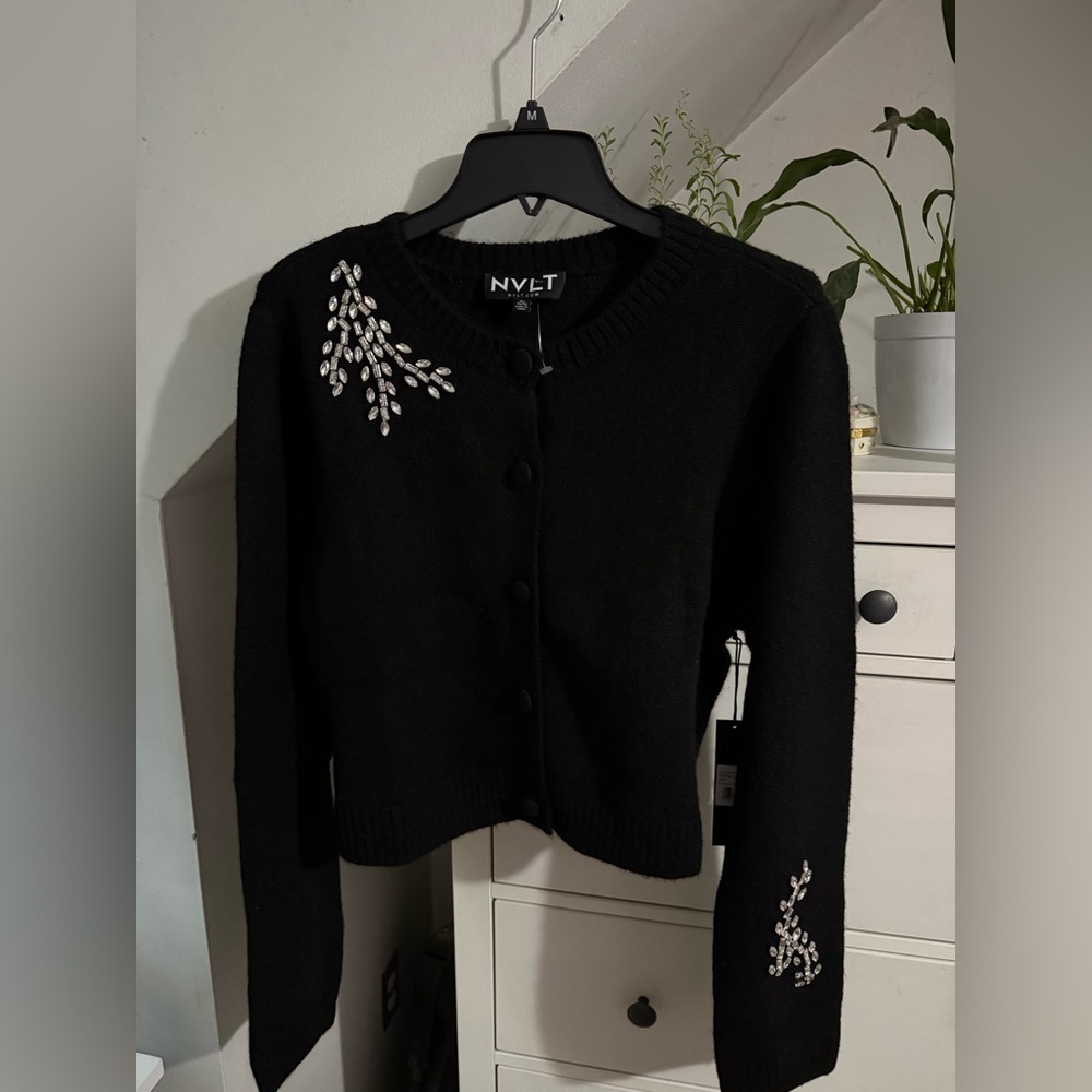 NVLT Black Crystal-Embellished Crewneck Cardigan